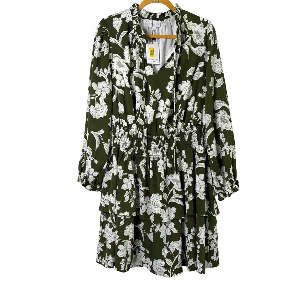 Sugarlips Floral Smocked Tiered Mini Dress Womens 2X Olive White STD13737PCX NWT